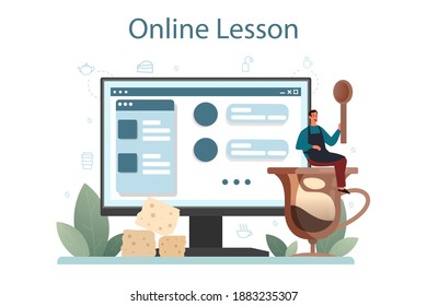 Barista online service or platform. Bartender making a cup of hot coffe. Energetic tasty beverage. Online lesson. Vector illustration in cartoon style
