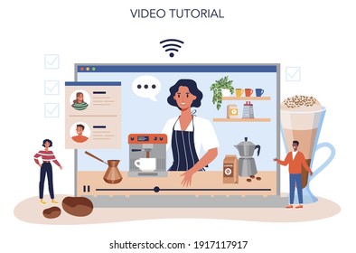 Barista online service or platform. Bartender making a cup of hot coffe. Energetic tasty beverage for breakfast with milk. Online video tutorial. Vector flat illustration