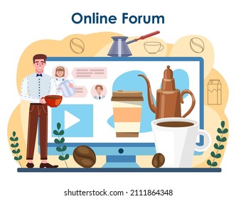 Barista online service or platform. Bartender making a cup of coffee. Coffeehouse worker making hot tasty beverage with milk. Online forum. Flat vector illustration