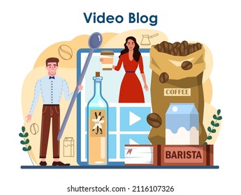 Barista online service or platform. Bartender making a cup of coffee. Coffeehouse worker making hot tasty beverage with milk. Video blog. Flat vector illustration