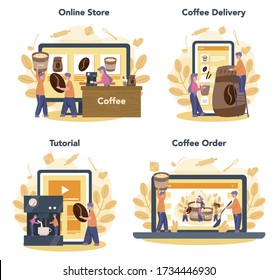 Barista online service or platform set. Bartender making a cup of hot coffe. Energetic tasty beverage. Online store, order website, video tutorial and delivery. Vector illustration