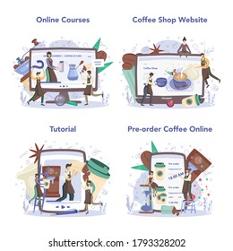 Barista online service or platform set. Bartender making a cup of hot coffe. Energetic tasty beverage. Online store, pre-order website, video tutorial and online course. Vector illustration