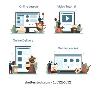 Barista online service or platform set. Bartender making a cup of hot coffe. Energetic tasty beverage. Online lesson, course, video tutorial, delivery. Vector illustration in cartoon style