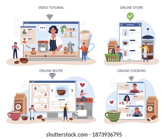 Barista online service or platform set. Bartender making a cup of hot coffe. Energetic tasty beverage for breakfast with milk. Online cooking, store, recipe, video tutorial. Vector flat illustration