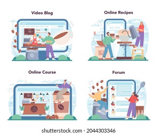 Barista online service or platform set. Bartender making a cup of hot coffe. Coffeehouse worker making tasty beverage with milk. Online recipes, course, forum, video blog. Flat vector illustration