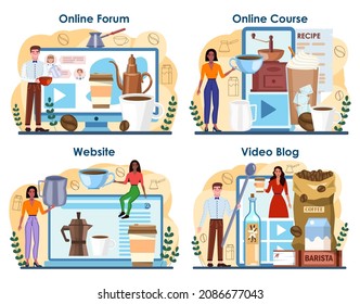 Barista online service or platform set. Bartender making a cup of coffee. Coffeehouse worker making hot tasty beverage with milk. Online forum, course, video blog, website. Flat vector illustration