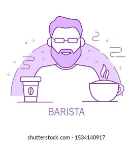 Barista outline cartoon character with a cappuccino and a paper cup of coffee.Hot drink. Line art  vector.Isolated on a white background.