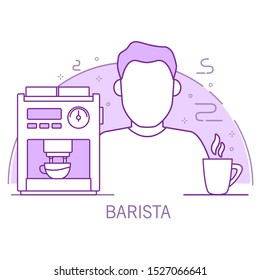 Barista outline cartoon character with a coffee maker and a cup.Hot drink. Line art  vector.Isolated on a white background.