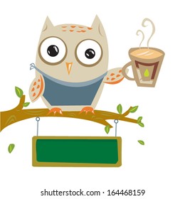 Barista Owl with coffee cup and blackboard for texts. Editable Clip Art.