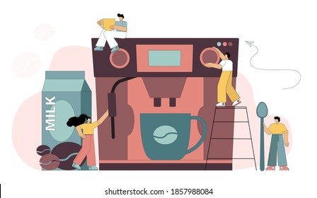 Barista People Make Coffee With A Coffee Machine. Making Coffee. Vector Illustration On White Background