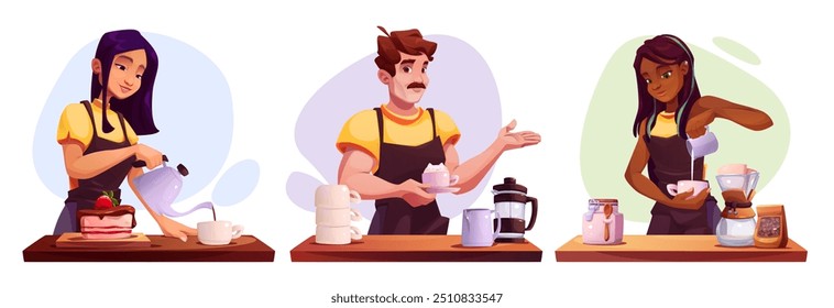 Barista people making hot fresh coffee with different method of preparing caffeine beverage. Cartoon vector set of man and woman with cup of coffee, french press and kettle, filter drip and dessert.