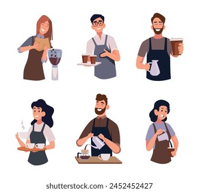 Barista. People preparing coffee cappuccino or latte exact vector barista characters in cartoon style