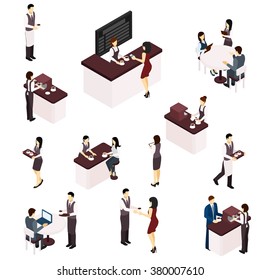 Barista people serving coffee in a cafe isometric set isolated vector illustration 