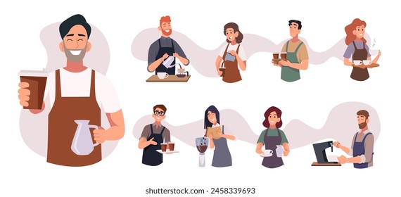 Barista person. Making delicious cappuccino americano coffee latte exact vector barista profession