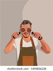 The Barista playing with his coffee machine