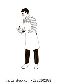 barista with portafilter and tamper black and white linear vector illustration