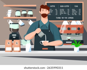 barista pouring coffee at the cafe vector illustration