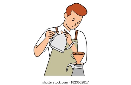 Barista pouring milk to coffee