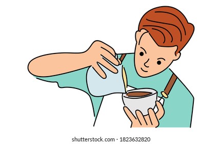 Barista pouring milk to coffee