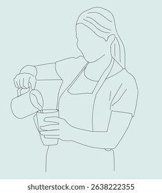 barista pouring milk to coffee, preparing drink. Barista making latte