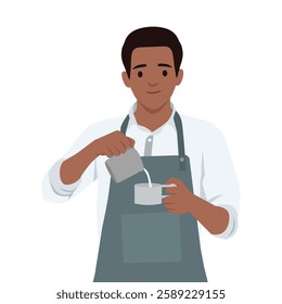 Barista pouring milk into a cup, skillfully preparing a coffee beverage while wearing an apron. Flat vector illustration isolated on white background