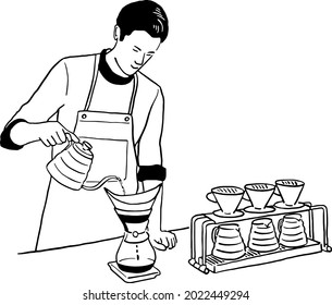 Barista pouring water Hand drip coffee Slow bar Cafe Coffee shop Hand drawn line art illustration vector