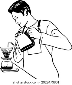 Barista pouring water Hand drip coffee Slow bar Cafe Coffee shop Hand drawn line art illustration vector