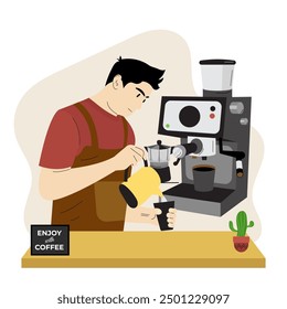 Barista Pours Coffee Into Cup. Making Coffee with a Modern Machine. Illustration of Flat Cartoon Man Working in Cafe, Coffee Maker, Espresso, Coffee Equipment