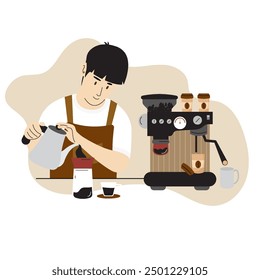 Barista Vierte Café En La Taza. Hacer café con una máquina moderna. Ilustración del hombre plano de la historieta que trabaja en el café, cafetera, expreso, equipo del café