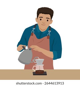 Barista pours hot water into a dripper to prepare fresh pourover coffee on a wooden counter. Flat vector illustration isolated on white background