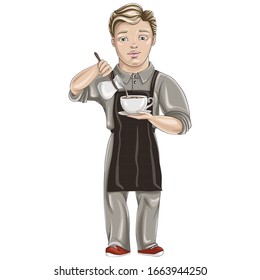 Barista pours milk into espresso. Vector cartoon character.