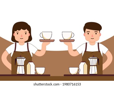 Barista Prepare Coffee Working Order. Coffee vector. Coffee cup and Coffee mug on white background. Barista cartoon.