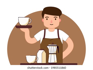 Barista Prepare Coffee Working Order. Coffee vector. Coffee cup and Coffee mug on white background. Barista cartoon.