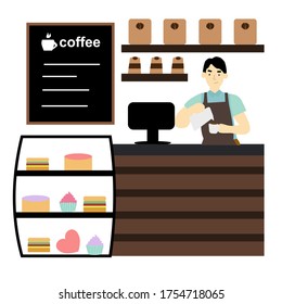 Barista prepares coffee, behind the bar, vector graphics