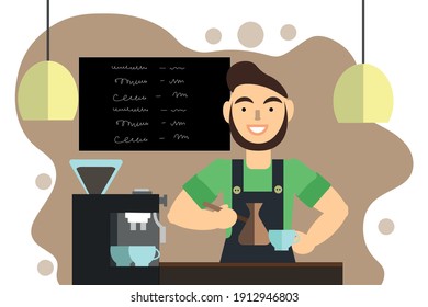 barista prepares coffee in cezve standing at the counter and holds a cup in his hands 