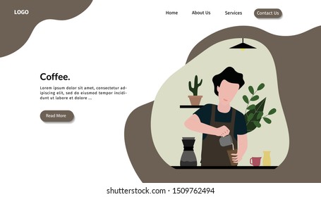 Barista preparing coffee for customer. Landing Page Concept. Flat Cartoon Vector Illustration