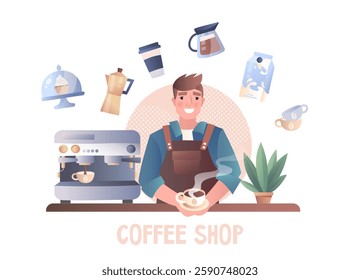 Barista preparing coffee, flat design style, white background. Concept of coffee shop service. Vector illustration