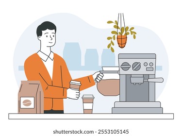 Barista preparando café. Hombre cocinar bebidas calientes y bebidas. Cappuccino, café con leche y Americano. Trabajador de cafetería o cafetería. Ocupación de catering. Ilustración vectorial lineal aislada sobre fondo blanco