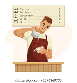 Barista preparing coffee with milk in a coffee shop. Vector illustration