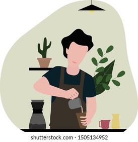 Barista preparing drip coffee in local coffee shop. Concept for coffee maker, Flat style vector illustration isolated on white background, suitable for wallpaper, banner, book illustration