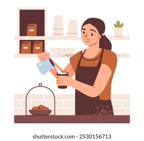 Barista preparando um expresso fresco em um café local. Café acolhedor com mulher barista. Ilustração de vetor plano.