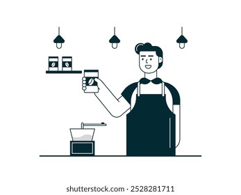 Barista preparando ingredientes e ferramentas para fazer um café autêntico, encomendado por um cliente em um café. Design de caracteres. Ilustração em plano vetorial