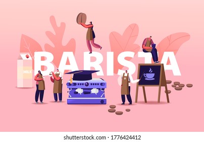 Barista Profession Concept. People Learning Brewing Coffee. Male and Female Characters Wearing Aprons Using Machine for Making Hot Beverage in Cafe Poster Banner Flyer. Cartoon Vector Illustration