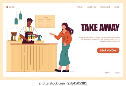 Barista serving coffee to a customer at a caf counter, with a modern interior on a warm-toned background. Concept of take-away service