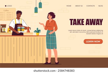 Barista serving coffee to a customer at a cafe counter, with a modern interior on a warm-toned background. Concept of take-away service. Vector Illustration