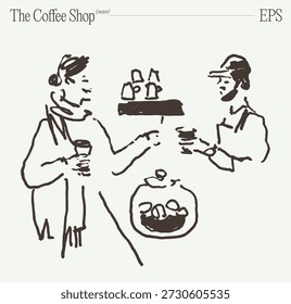 Barista Serving Coffee and Customer Waiting Sketch
