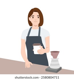 Barista Serving Coffee standing behind a counter with a pourover coffee maker. Flat vector illustration isolated on white background