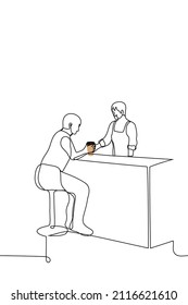 barista serving glass of coffee to customer - one line drawing vector. concept of buying coffee in coffeeshop, coffee house 