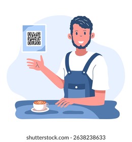 Barista Shows QR Code for Digital Payment in Coffee Shop.Flat illustration of modern payment method in coffee shop