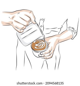 Barista sketch pouring coffee - vector illustration